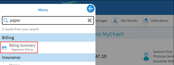 MyChart billing screenshot